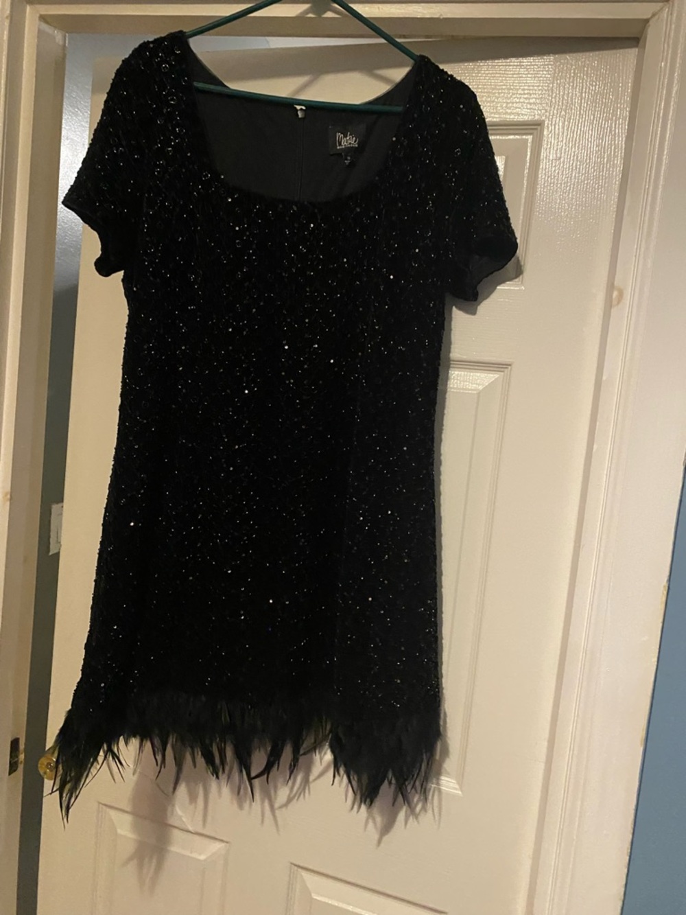 Black Sequin Feather Hem Short Sleeve Dress